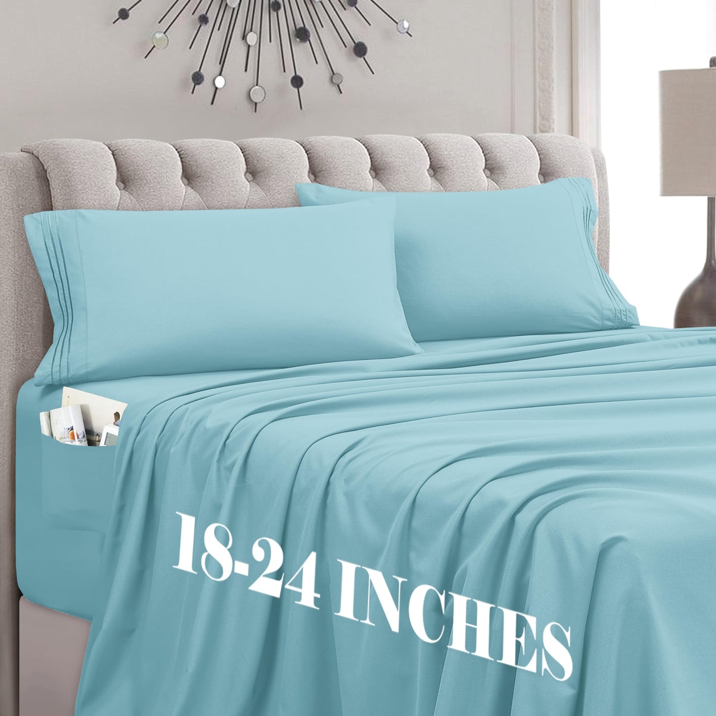Mocassi Full Size 4-Piece Bed Sheet Set - 1800 Premium Hotel Quality Microfiber 18-24 Inches Extra Deep Pocket Fitted Sheet- Luxury Soft, Breathable, Wrinkle, and Fade Resistant, Aqua Blue