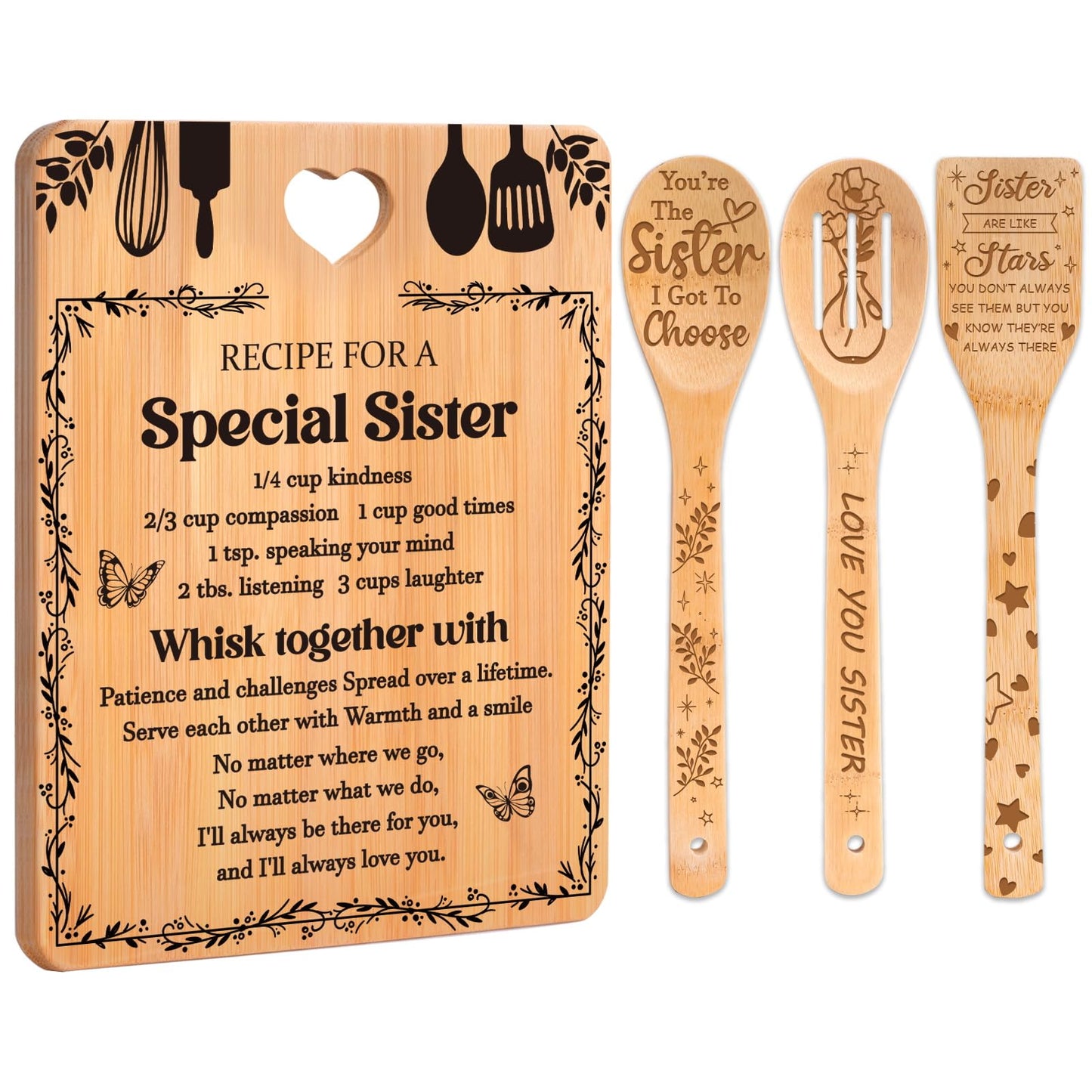 Sister Birthday Gifts - "Recipe for a Special Sister" Sister Gifts from Sister Cutting Board Set, Bamboo-Made Engraved Utensil Set Sister Gifts from Sister, Mothers Day Gifts for Sister