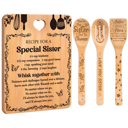 Sister Birthday Gifts - "Recipe for a Special Sister" Sister Gifts from Sister Cutting Board Set, Bamboo-Made Engraved Utensil Set Sister Gifts from Sister, Mothers Day Gifts for Sister