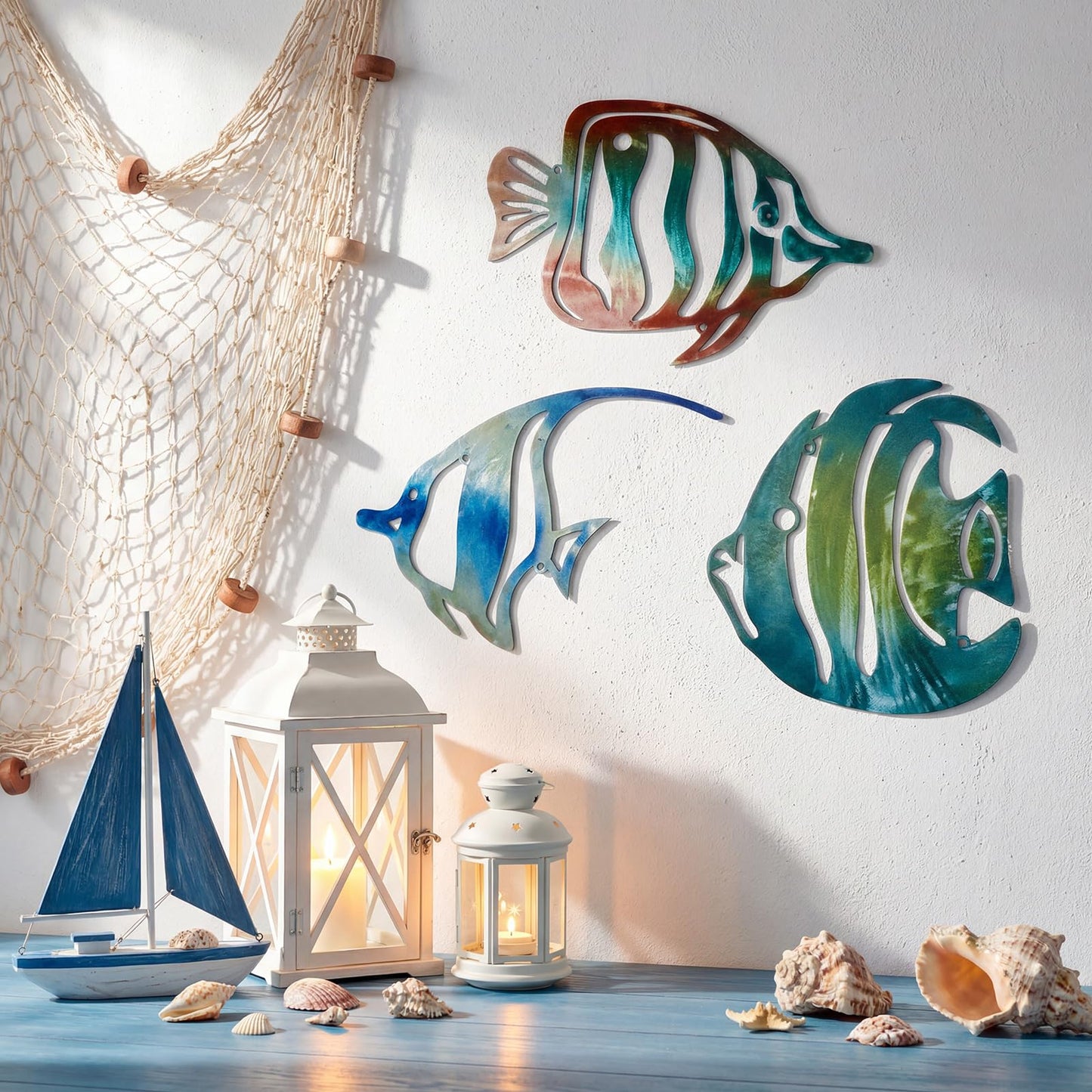 Pelopy 3 Pcs Coastal Tropical Fish Wall Art Rustic Metal Hollowed Coral Wall Decor Ocean Nautical Theme Sign for Beach Theme Bathroom Bedroom Living Room Lake House Summer Home Decoration