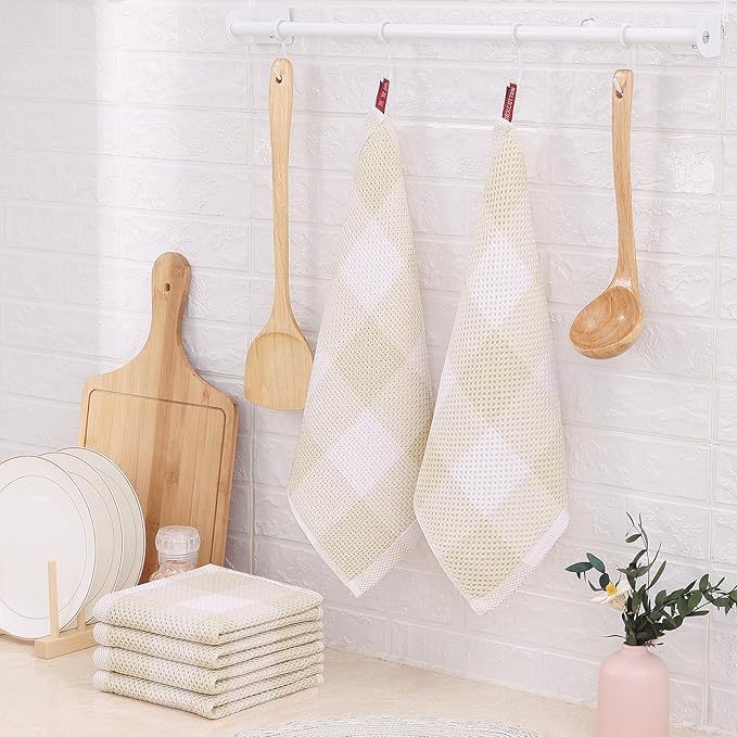 Homaxy 100% Cotton Waffle Weave Check Plaid Dish Cloths, 12 x 12 Inches