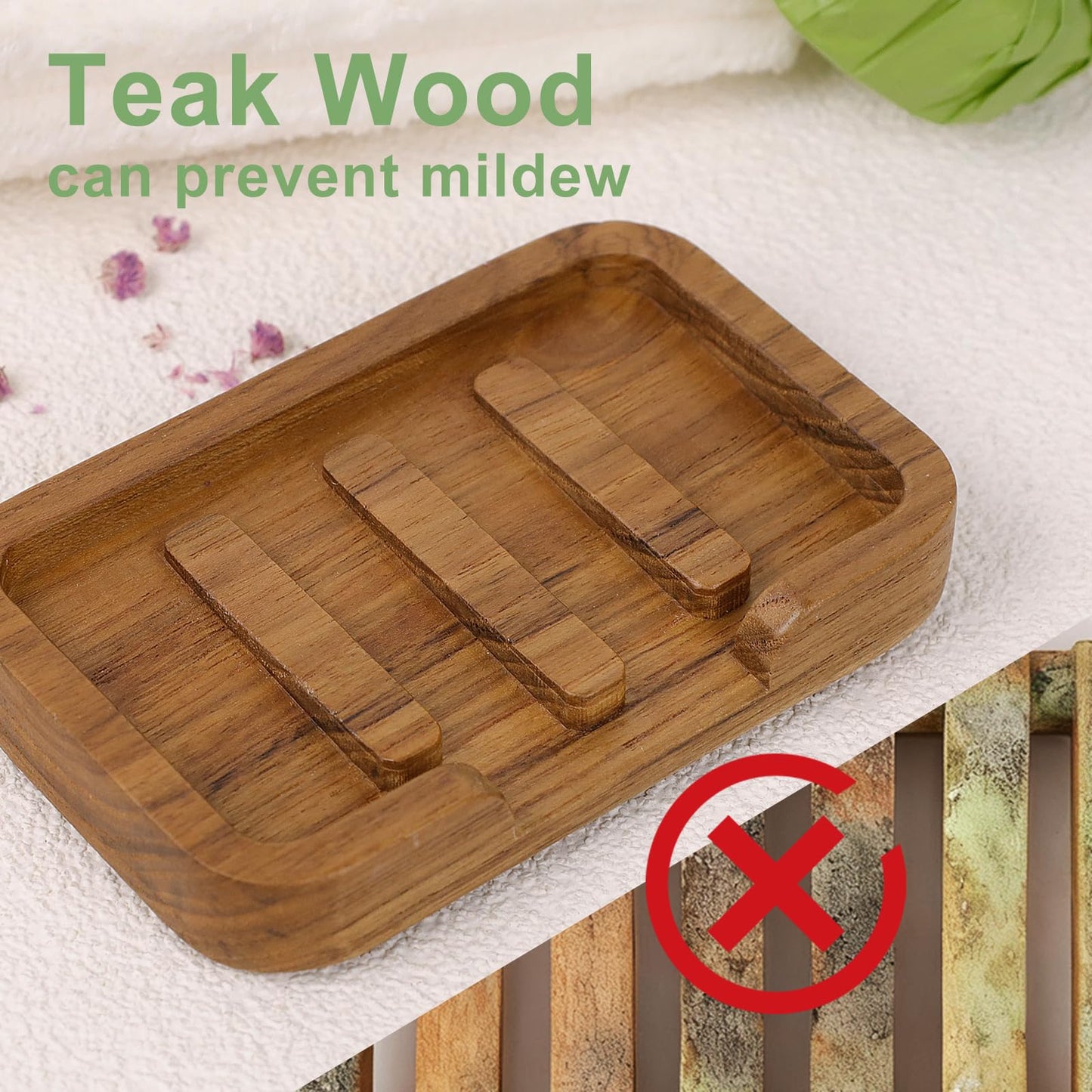 2PCS Self Draining Soap Dish by HTB,Teak Wood Soap Holder,Soap Saver for Shower, Bathroom, Sink, Kitchen and Countertop