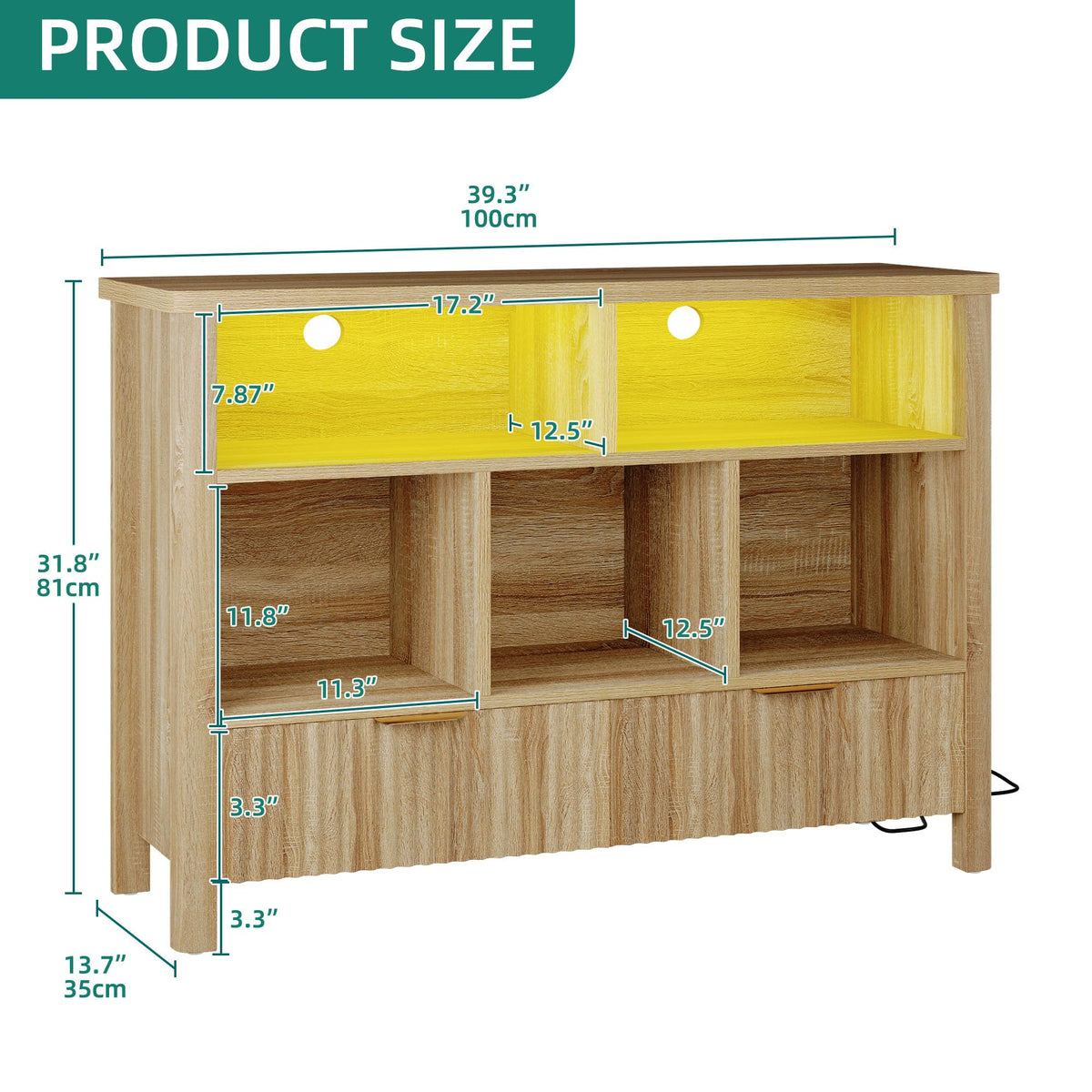 YITAHOME Bookcase with Drawers, Fluted Wood Cubby Storage Organizer Shelf Cube Bookshelf with Adjustable LED Lighting, Modern Horizontal Bookshelf for Living Room, Office, Entryway, Oak