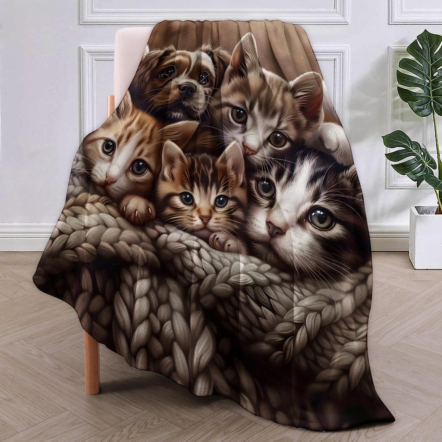 VANZEV Cuddly Kittens and Puppy Blanket Gifts for Women, Cat and Dog Flannel Blanket, Soft Warm Lightweight Throw Blankets for Bed Couch Home Travel Decor 50" x 60"