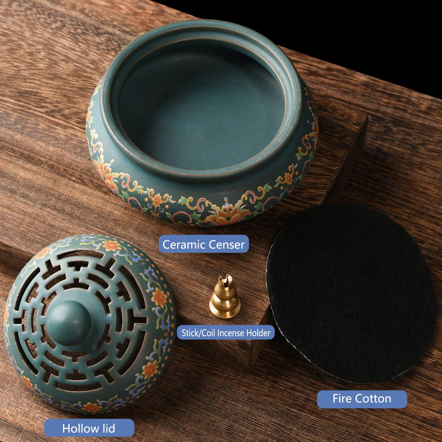 plainele Ceramic Incense Burner with Incense Holder+ Fireproof Cotton,Handmade Smudging Burn Bowl for Stick or Coil Incense,Sage Cones,Frankincense and Mosquito Incense (Enamel)