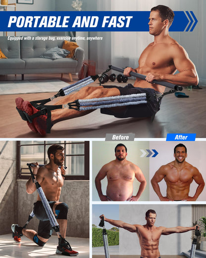 ALongSong Resistance Bands Set Men With Pilates Bar Set 6 Latex Exercise Bands 50-360Lbs/Handles Door/Anchor Pilates Equipment For Home Gym Workout Fitness