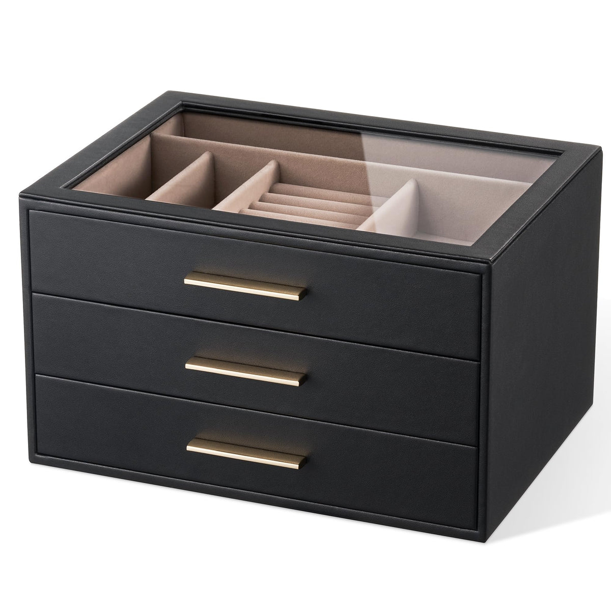 pickpiff Jewelry Box Organizer Case for Women: 3-Layer Jewelry Storage Case with Glass Window, Black Leather with Blush Velvet, Holder for Ring Necklace Bracelet Brooch Watch, Great Gift for Her