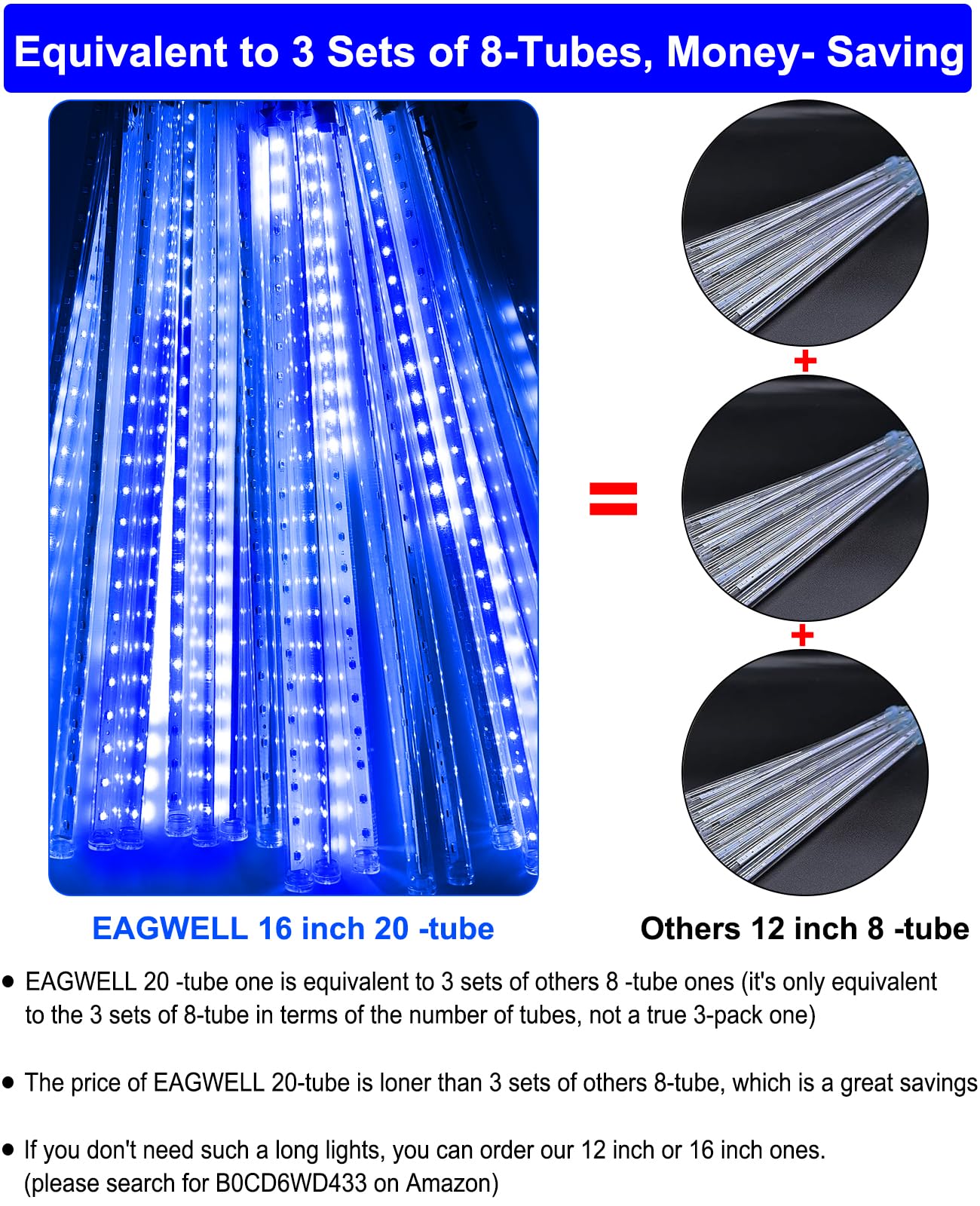 EAGWELL Christmas Lights Outdoor 16 Inch Meteor Shower Rain String Lighting, 20 Tube 960 LEDs Icicle Tree String Decor for Halloween Yard Party Patio Xmas Decoration,Blue