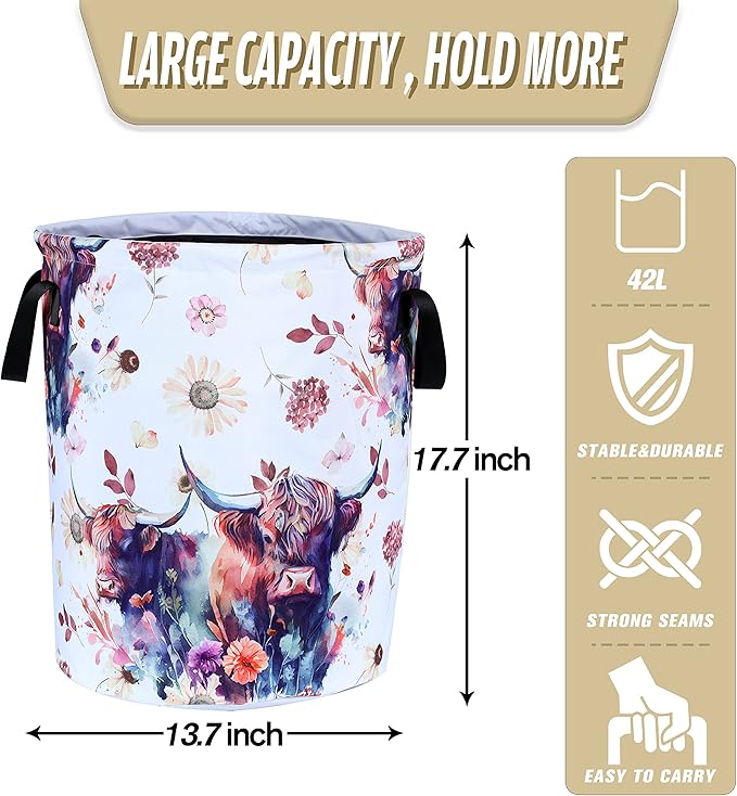 Highland Cow Laundry Basket Cow Animal Foldable Oxford Cloth Funny Tote Bag