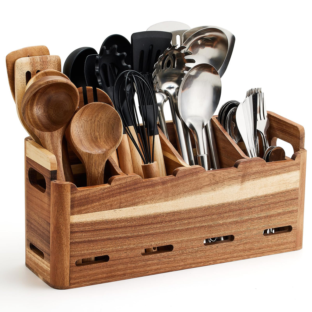 YEZHEXI Acacia Wood Utensil Holder for Kitchen Counter, 4-Compartment Large Kitchen Utensil Organizer, Wood Utensils Organizer for Cooking Tools and Silverware, Farmhouse Kitchen Decor