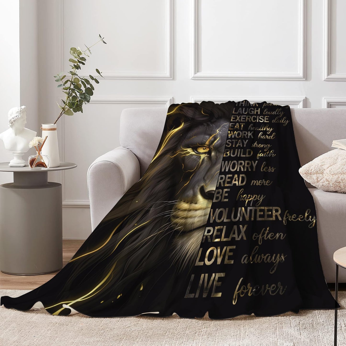 Miyotaa Lion Man Black Gold Blanket 50Wx60H Inch Quotes Inspirational Motivational Positive Masculine Male Warm Fuzzy Throw Blanket for Sofa Bed Throws Birthday Presents
