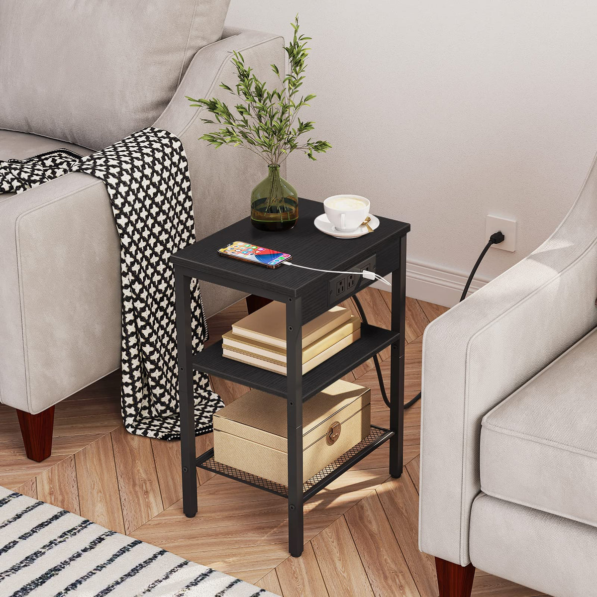 HOOBRO Side Table with Charging Station and USB Port, Small End Table for Small Space, 3-Tier Nightstand with Adjustable Shelf, for Living Room, Bedroom, Black BB112BZ01