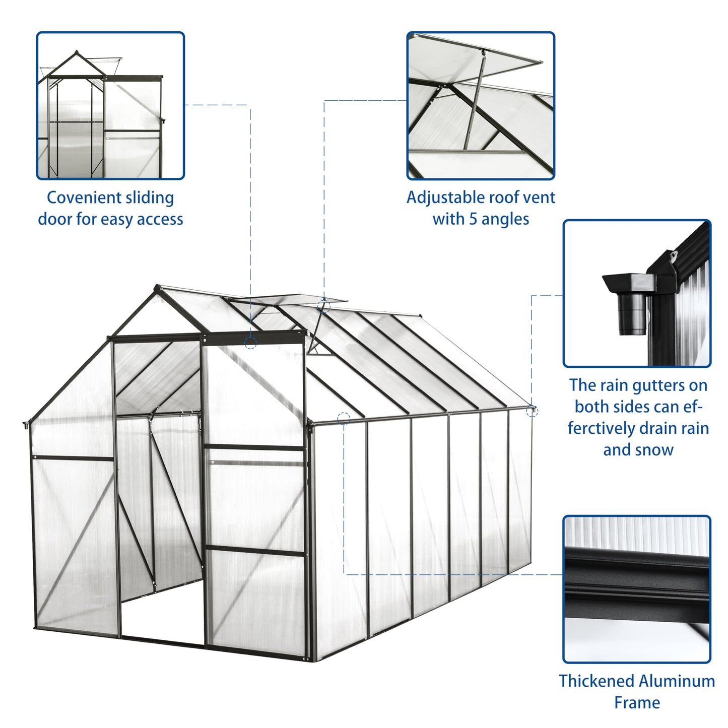 KEIKI 6x12 FT Polycarbonate Greenhouse with Aluminum Frame,Raised Base and Roof Vent,Walk-in Greenhouses for Patio Garden