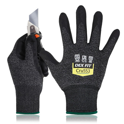 DEX FIT Level 5 Extreme Cut Resistant Gloves Cru553, Non-Slip Power Grip, Professional Grade 3D Comfort Fit, Thin & Lightweight, Breathable, Touchscreen Compatible, Itch-Free; Black Grey M 1 Pair