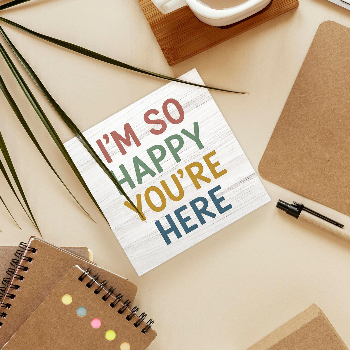 Luipk Boho Classroom Wood Box Sign Desk Decor 5X5, I'm So Happy You're Here Wooden Block Sign Decorations for Kids Nursery Room Bedroom Playroom Classroom Desk Table Wall Tabletop Shelf Decor