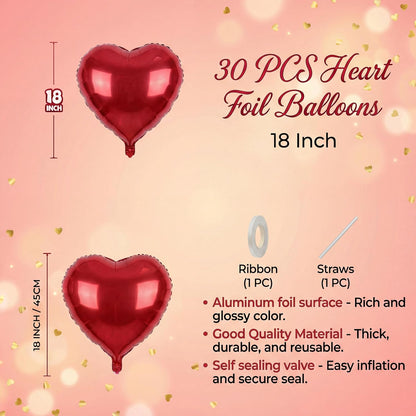 30 pcs Red Heart Balloons 18" Foil Love Balloons Mylar Balloons, heart balloons Valentines Day Decorations Balloons for Valentines Day,Propose wedding Party Backdrop Birthday Party Supplies