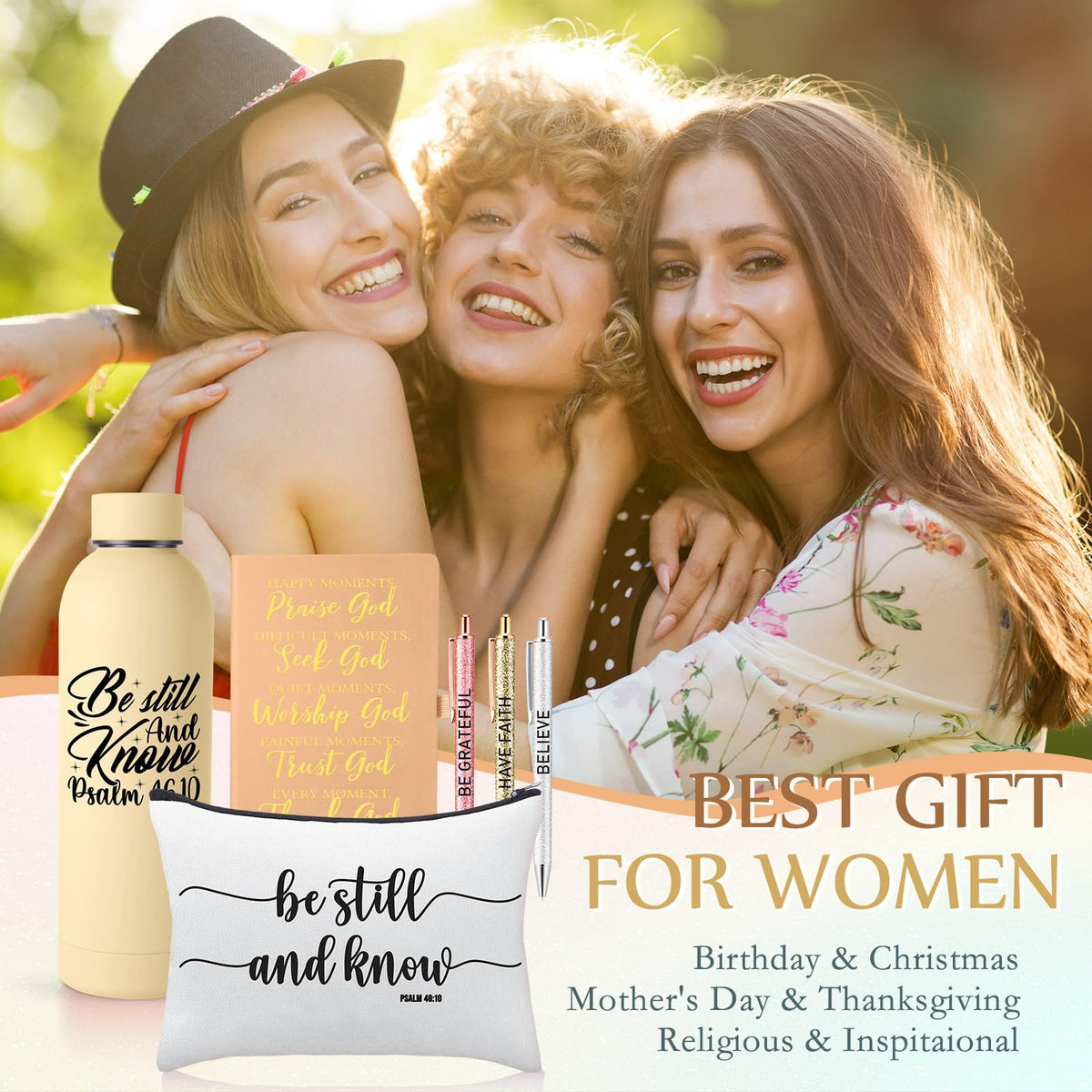SiliFine 6 Pcs Christian Gifts for Women Be Still and Know Faith Religious Inspirational Thank You Gift Spiritual Birthday Christmas for Water Bottle Cosmetic Bag(Yellow)