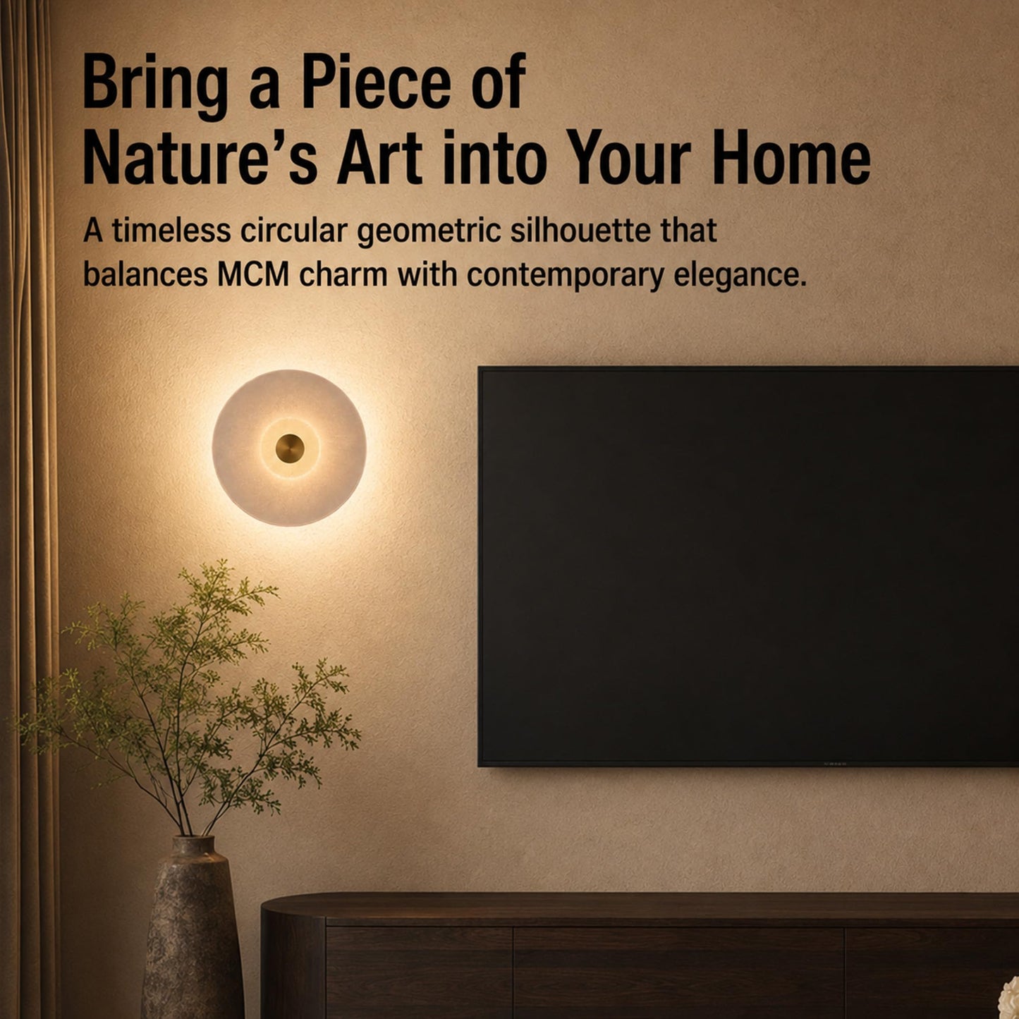 Natural Spanish Alabaster Wall Sconce, Modern Round Marble Wall Light with Unique Veins, Mid-Century Minimalist Stone Wall Lamp for Bedroom, Living Room, Hallway, Alabaster Light Fixture (Brass)