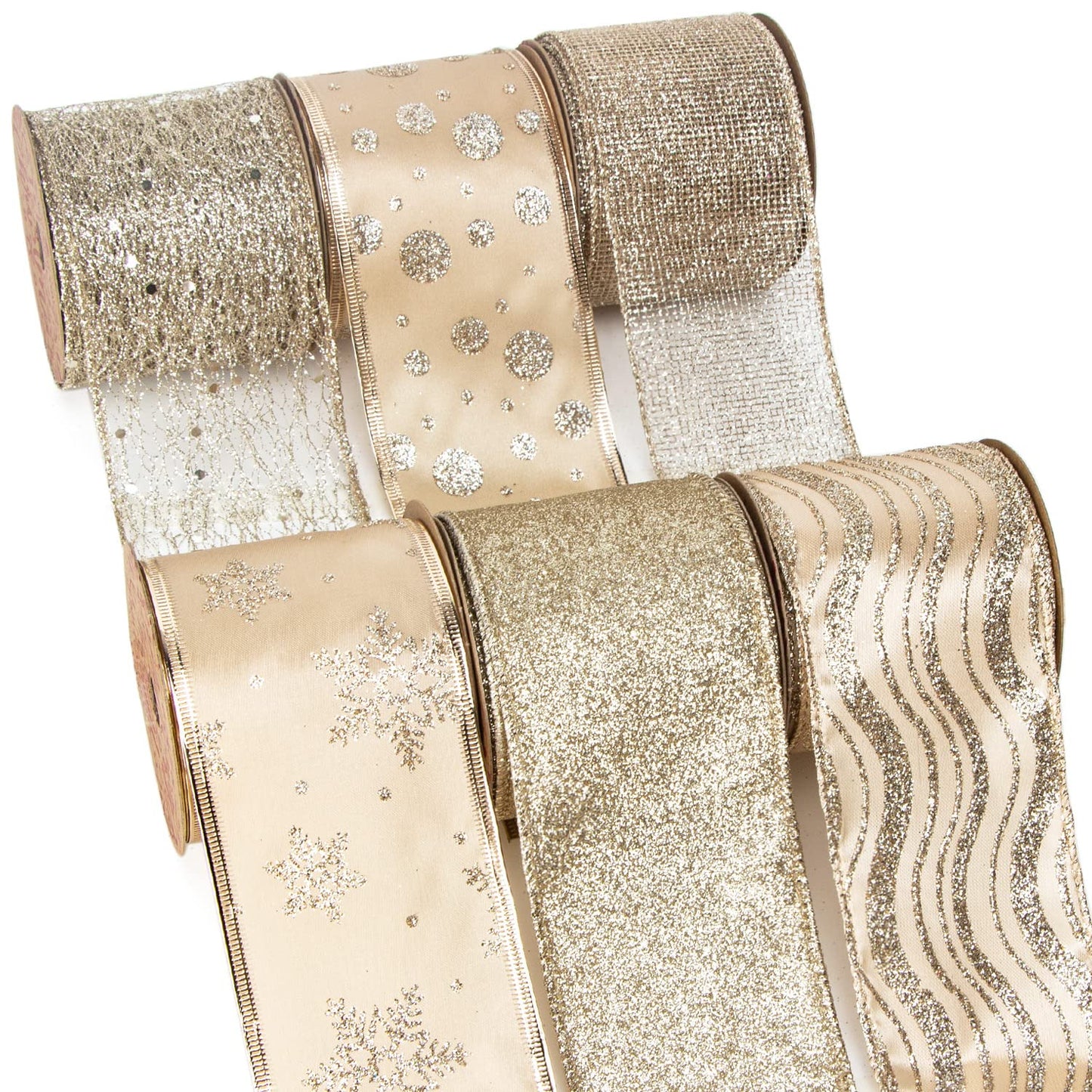 Ribbli Gold Glitter Christmas Ribbon - Wired, for Tree, Crafts, Gift Wrapping - 2.5 Inch x 6 Rolls, 36 Yards Total