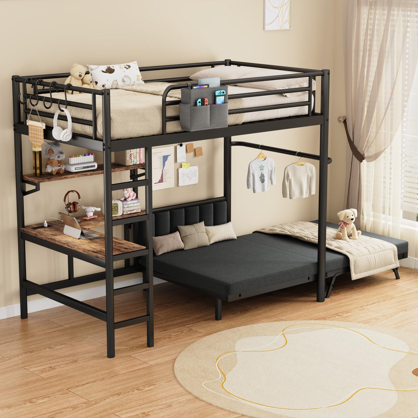 Twin Loft Bed with Pull-Out Folding Bed and Desk, Heavy Duty Metal Bunk Bed Frame with Mattress, Dual-Access Bed, Charging Station, 2-Tier Adjustable Shelves, Safety Guard Rail & Ladder (Dark Black)