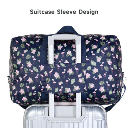 Arxus Large Foldable Duffel Tote Carry on Weekend Overnight Travel Bag Over Luggage with Shoulder Strap (Blue Flamingo)