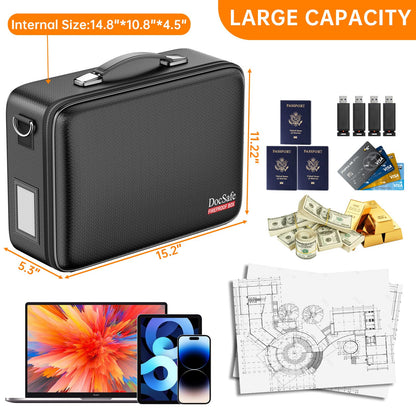 DocSafe Fireproof Document Box with Lock＆Shoulder Strap, Hard-Shell Case File Organizer with Accordion File Folder, Multi-Layer Portable Home Office Travel Safe Storage for Important Documents Laptop