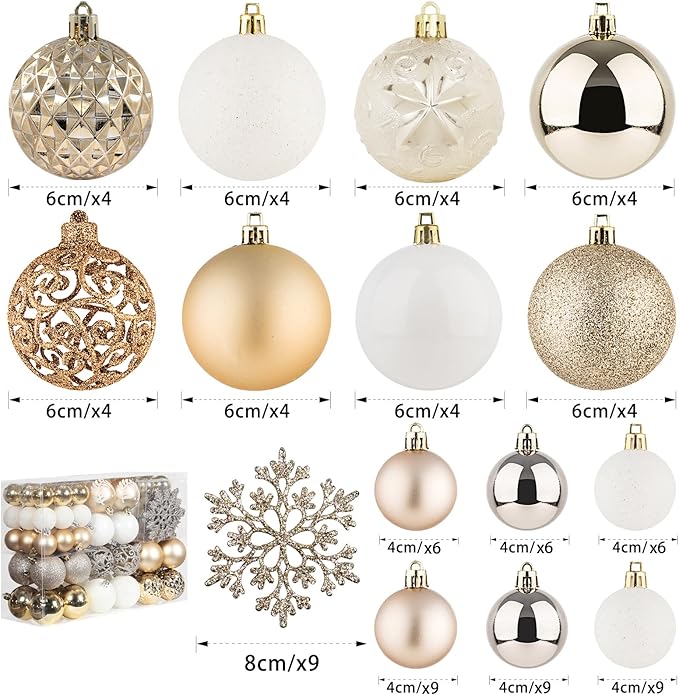 SY CRAFT 86 Pieces of Assorted Shatterproof Christmas Ball Snowflake Ornaments Seasonal Decorative Hanging Ornament Set with Hand-held Gift Package for Xmas Tree Decorations (86PCS, Champaign Gold)