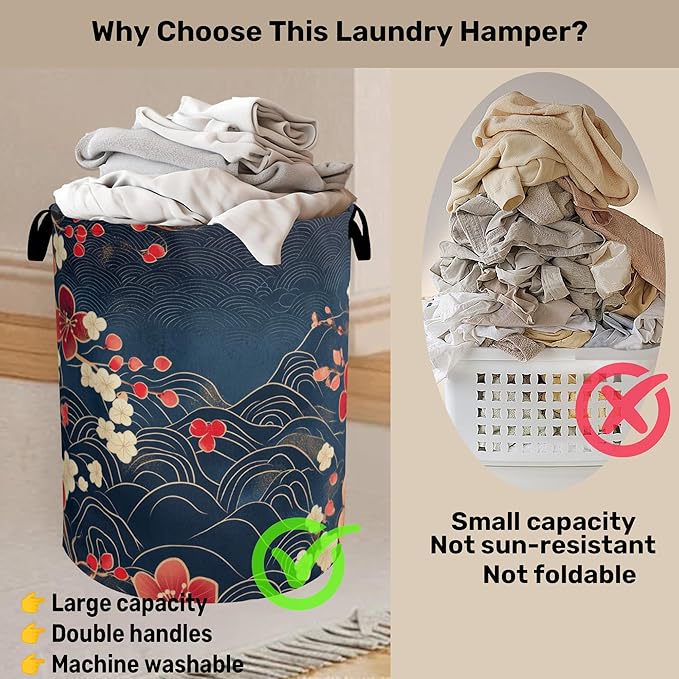 Japanese Cherry Blossom Laundry Basket, Space Saving Foldable Design