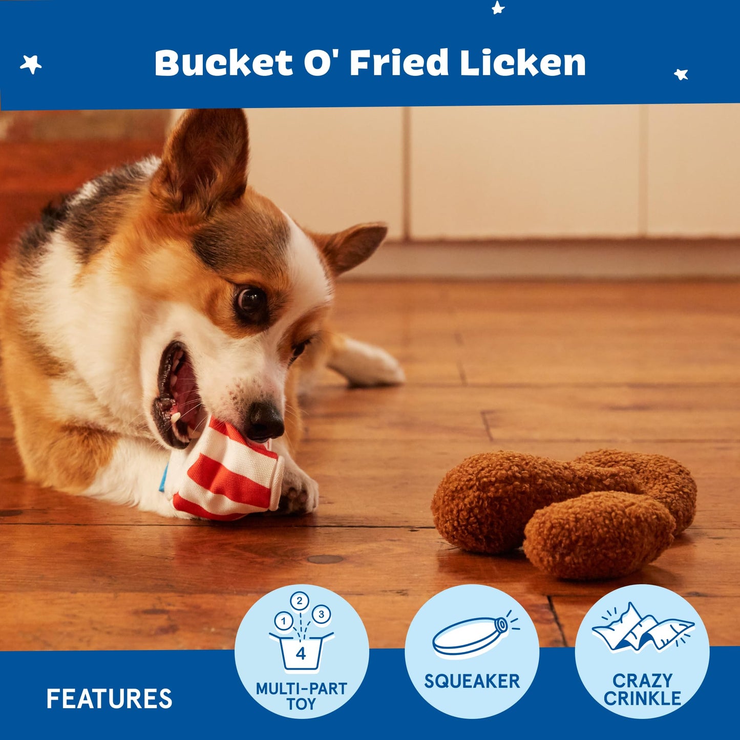 Barkbox 2 in 1 Interactive Plush Dog Toy - Rip and Reveal Dog Toy for Medium, & Large Dogs - Stimulating Squeaky Pet Enrichment and Puppy Toys | Bucket o’Fried Licken