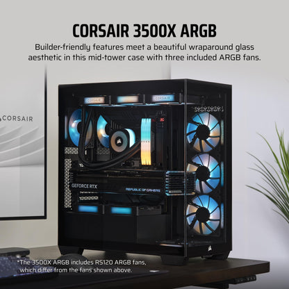 CORSAIR 3500X ARGB Mid-Tower ATX PC Case – Panoramic Tempered Glass – Reverse Connection Motherboard Compatible – 3x CORSAIR RS120 ARGB Fans Included – Black