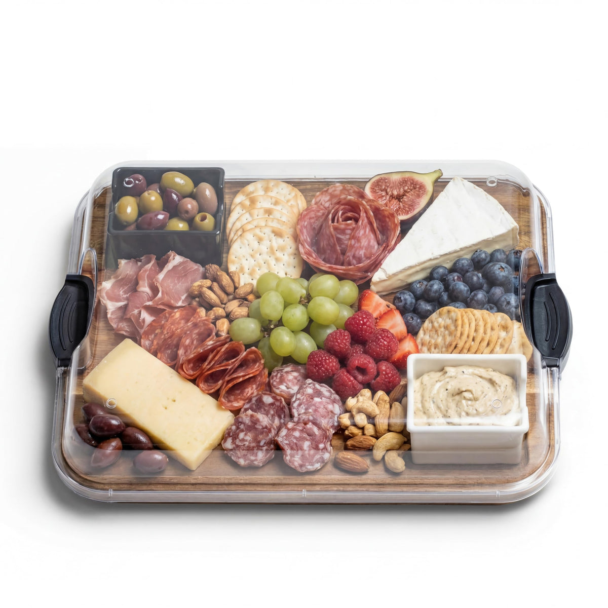 Covered Charcuterie Board with Locking Acrylic Lid, 15" x 11" Acacia Wood Serving Tray, 2 Dipping Containers, Gift Box Included