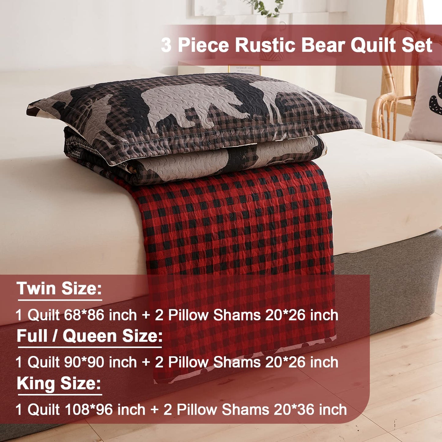 Queen Size Quilt Set Lodge Rustic Quilt Bedding Set Queen Size Bedspread Coverlet Lightweight Reversible Home Quilt Red Black Buffalo Plaid Quilt Bed Spread Country Cabin Forest Moose Bear Bedding