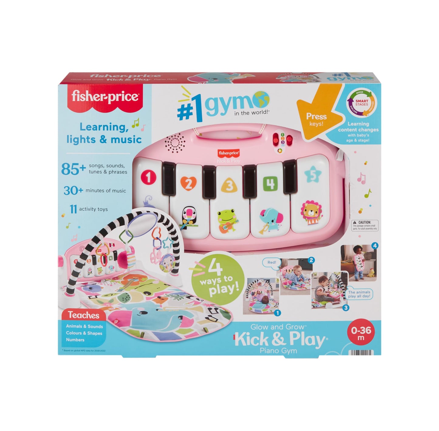 Fisher-Price Baby Activity Mat Glow and Grow Kick & Play Piano Gym, Portable Musical Toy with Smart Stages Learning, Ages 0+ Months, Pink, Queens English Version, HYH63