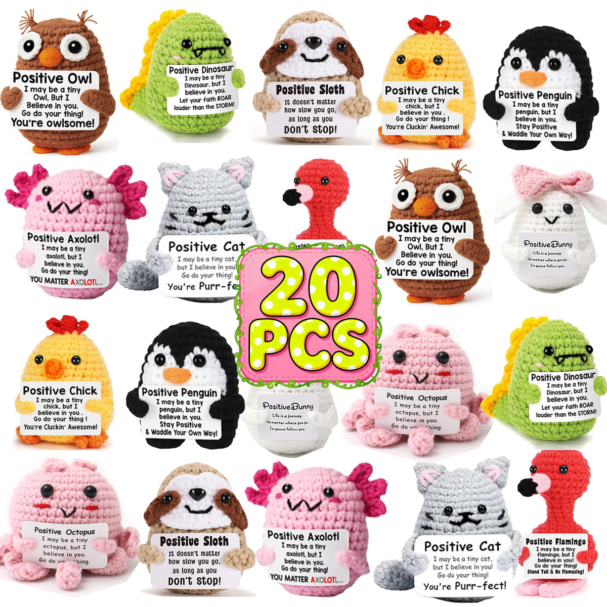 FANLANTEE 20 Pack Positive Crochet Animals Bulk,Mini Emotional Support Gifts for Office Desk,Team Motivation,Employee Appreciation,Special Moments for Women Men