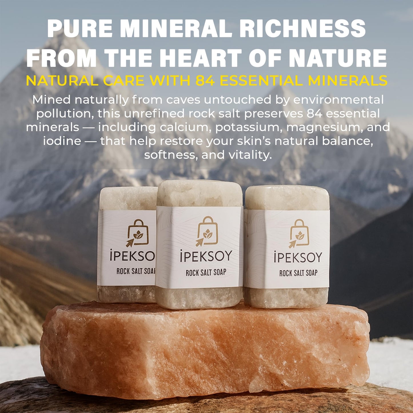 ipeksoy Natural Salt Soap Bar – Purifying and Exfoliating Organic Unscented Bar Soap for Men & Women – Pure Mineral Rock Salt Soap for Gentle Skin Care and Odor Control (Salt (3 Pieces))