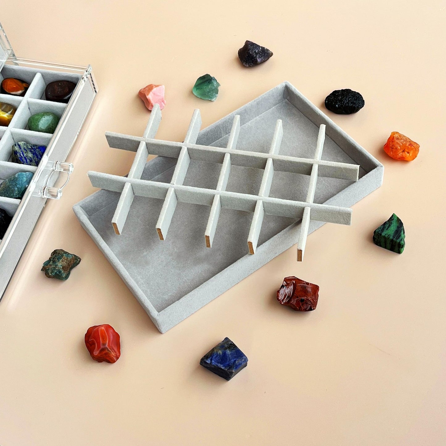 HEMYLU Acrylic Rock Collection Display Case for Kids, Crystals Displaying Box with 3 Drawers & 54 Grids and Gem Knowledge Handbook, Gemstone Organizer Showcase for Gem Enthusiasts