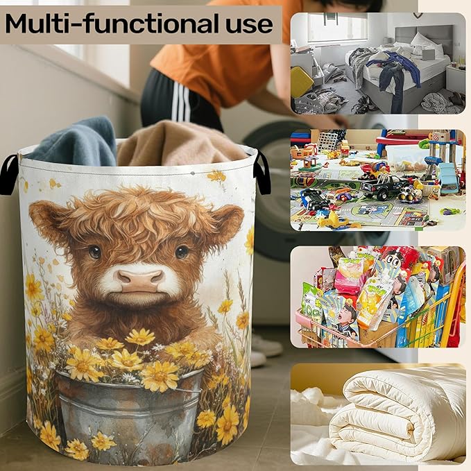Cute Highland Cow Flower Foldable Canvas Laundry Basket
