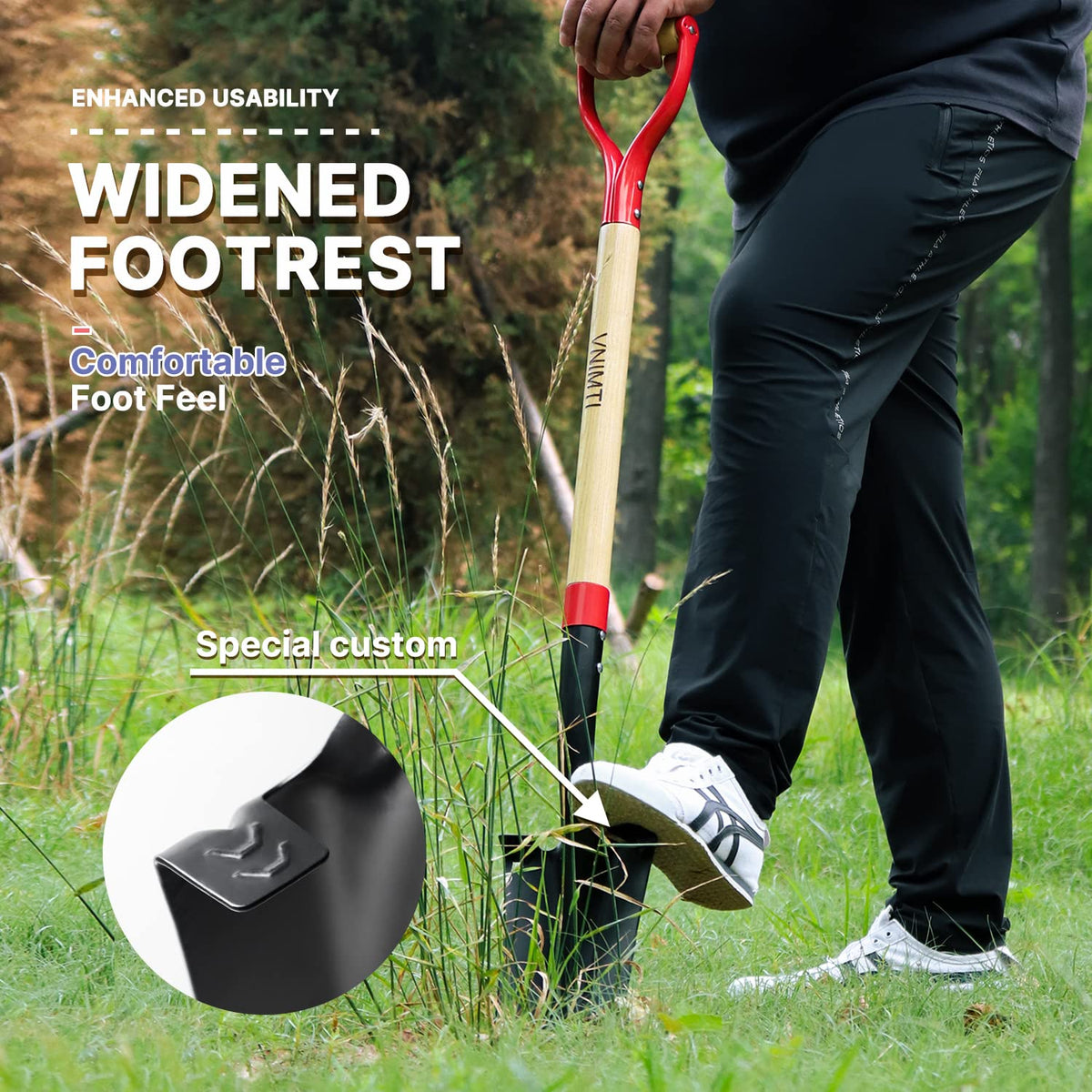 VNIMTI Spade Shovel,Transplanting Spade，Drain Spade,Spade Shovels for Digging,Sharp Shooter Shovel or Spade,45Inch,Steel D-Grip,Wooden Handle