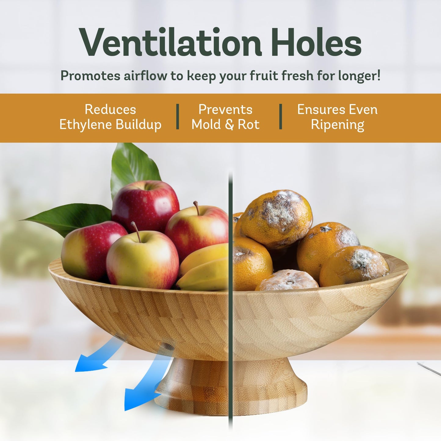 Fruit Basket for Kitchen Counter - Fruit Bowl for Kitchen Counter, Bamboo Pedestal Fruit Basket with Ventilation Holes, Wooden Fruit Bowl for Fruit and Vegetable Storage, Decorative Frutero for Cocina