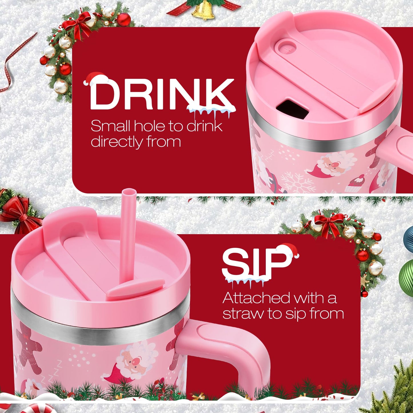 TaroKitc Christmas Gifts for Women Men, 40 oz Christmas Tumbler with Handle and Straw Lid, Xmas Insulated Stainless Steel Travel Coffee Mug, Cup Holder Friendly, Pink Santa and Gingerbread Man