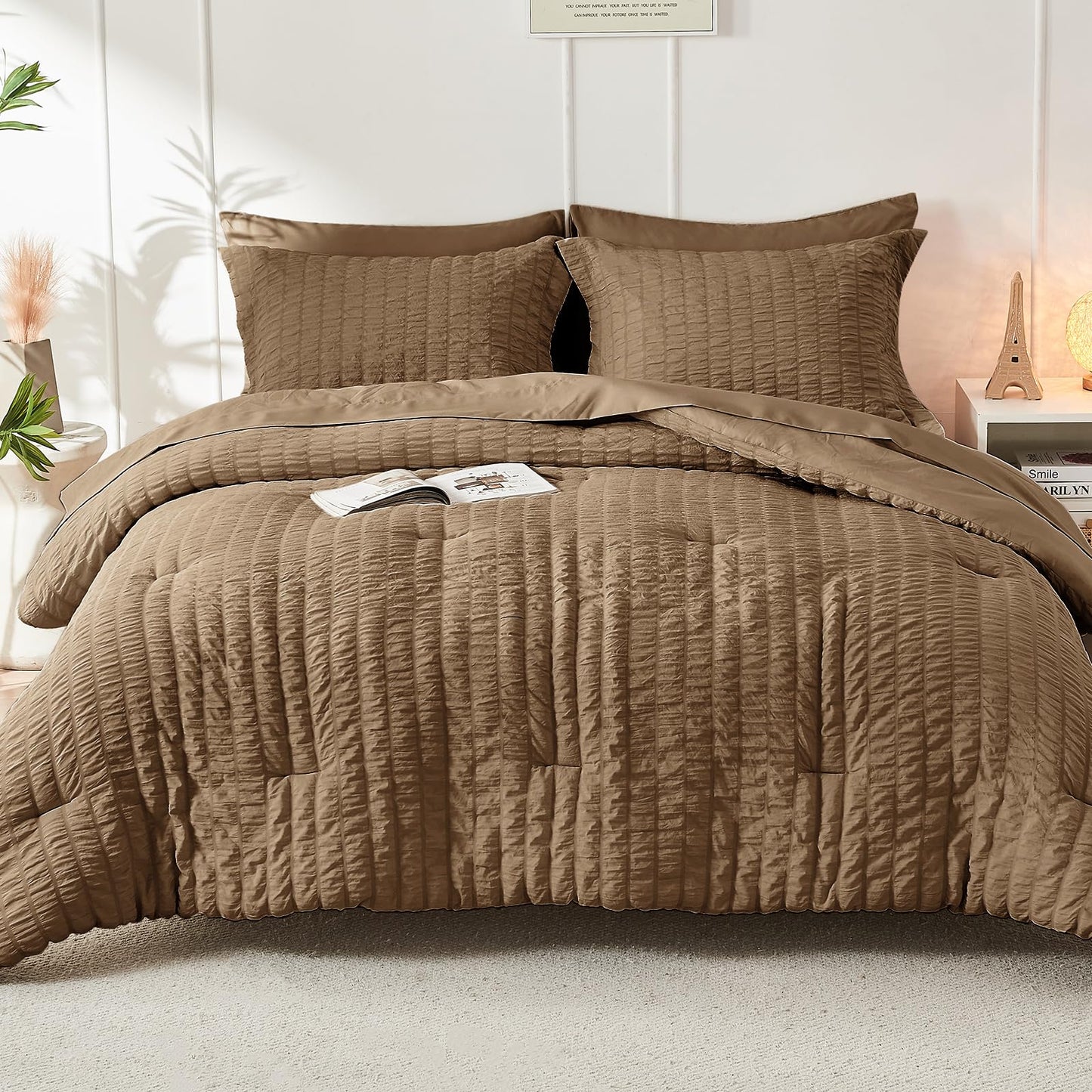 HYMOKEGE Brown Full Size Comforter Sets Seersucker 7 Pieces, All Season Luxury Bed in a Bag for Bedroom, Bedding Set with Comforter, Sheets, Pillowcases & Shams