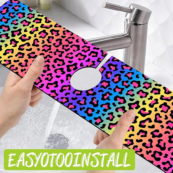 Sink Faucet Absorbing Mat Rainbow Colored Leopard Print Sink Splash Guard