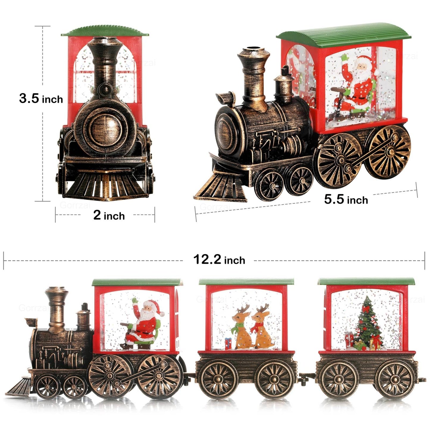 Gorrzai Train Snow Globe Christmas Snow Globe Lantern with Auto 6H Timer and Manual Glitter, Lighted Christmas Decorations Indoor with Santa Claus Reindeer Tree for Home Tabletop, Battery Operated
