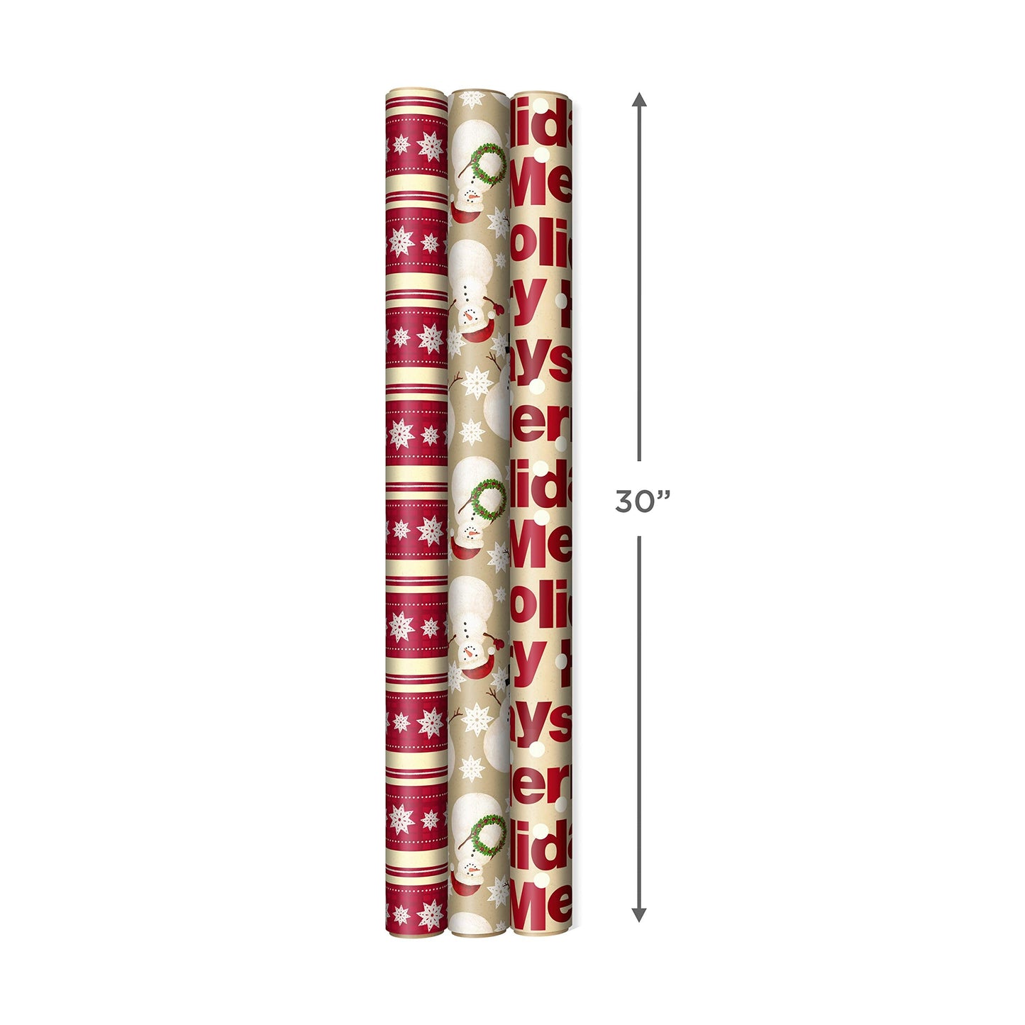 Hallmark Reversible Christmas Wrapping Paper (3 Rolls: 120 sq. ft. ttl) Merry Holidays, Snowflakes, Snowmen, Red Stripes