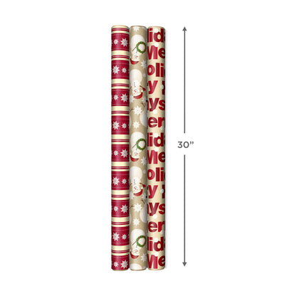 Hallmark Reversible Christmas Wrapping Paper (3 Rolls: 120 sq. ft. ttl) Merry Holidays, Snowflakes, Snowmen, Red Stripes