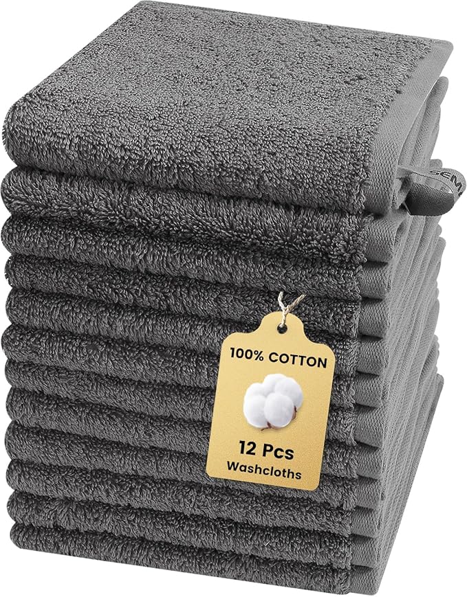 SEMAXE 100% Cotton Washcloths 12-Pack, 13 × 13 Inch Soft Luxury Face Towels –