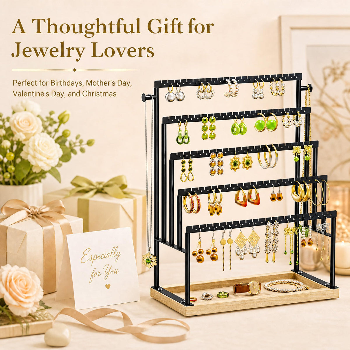 TIPSYTREE 5 Tier Earring Holder Organizer with Attached Wooden Tray, Large Earring Storage for Studs Hoops Dangle Earrings, Black Metal Earring Display Stand for Dresser or Vanity Table