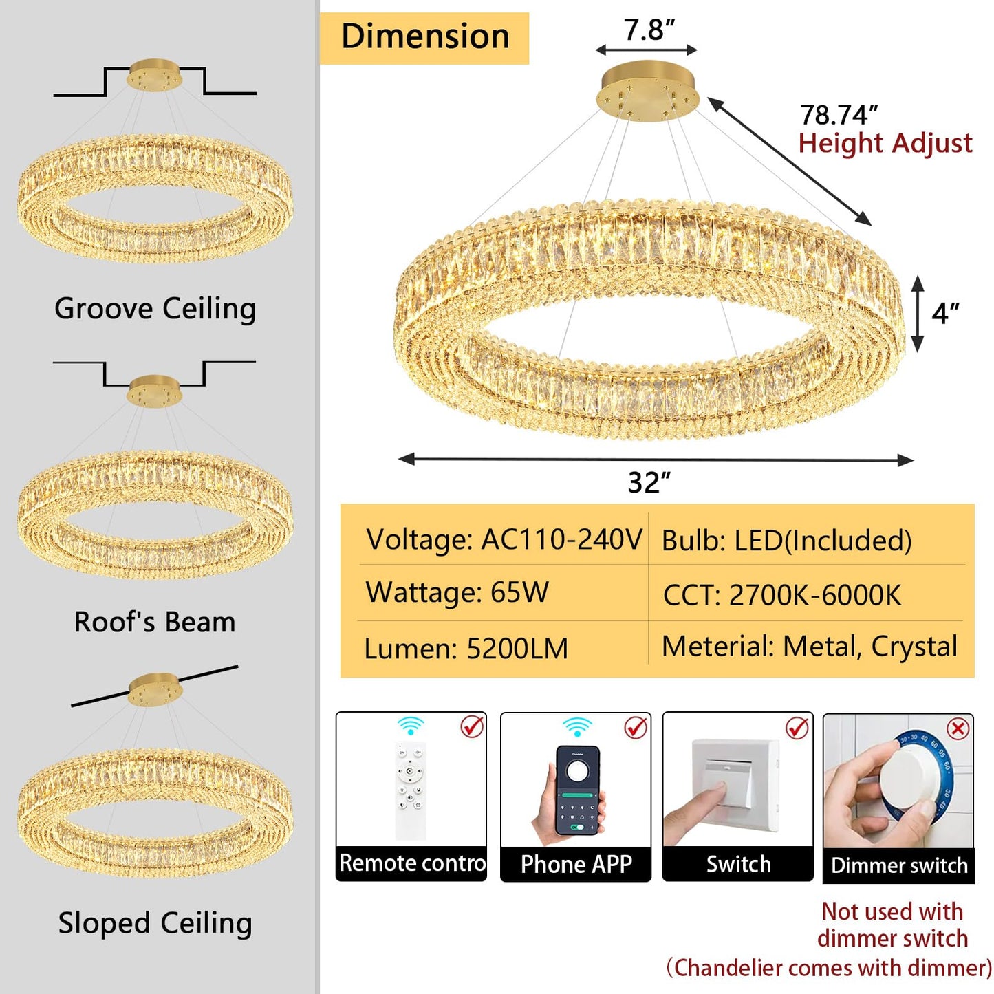dolria Modern Crystal Chandeliers for Living Room Dimmable LED Pendant Lighting for Dining Room Ring Handing Light Fixture for Bedroom Foyer Gold