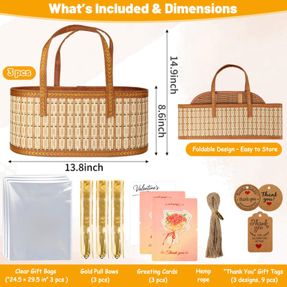 Leevcok 3 Set Baskets for Gifts Empty, Large Bamboo Gift Basket with Handle, Foldable Reusable Decorative Woven Basket for Christmas, Baby Shower, Mother's Day, Housewarming, Wedding