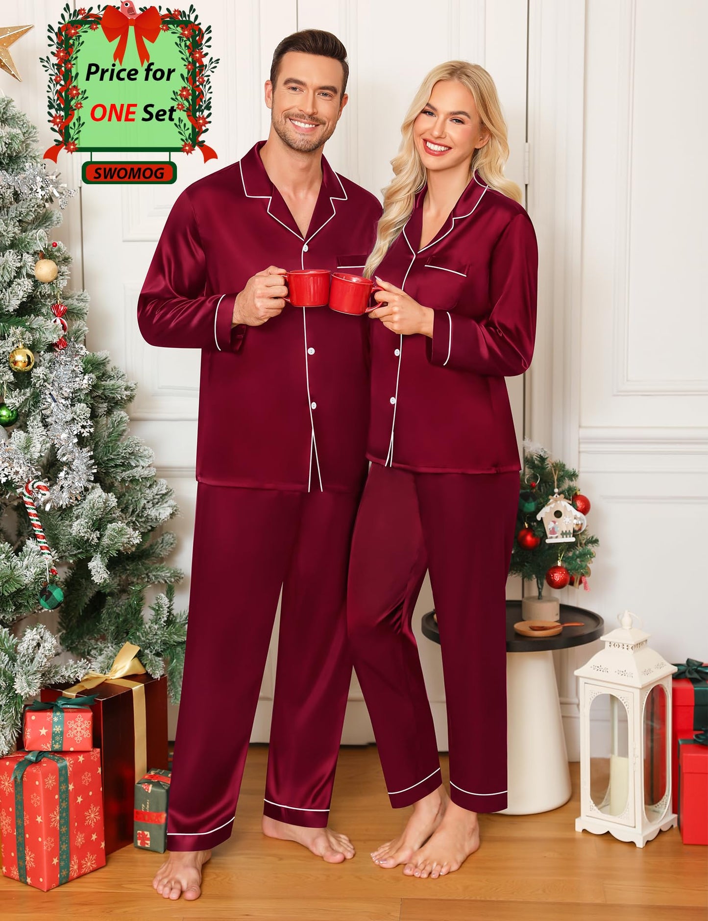 SWOMOG Family Matching Pajamas Set Silk Satin Button Down Sleepwear Long Sleeve Nightwear 2 Pcs Pj Set Men Wine Red Large
